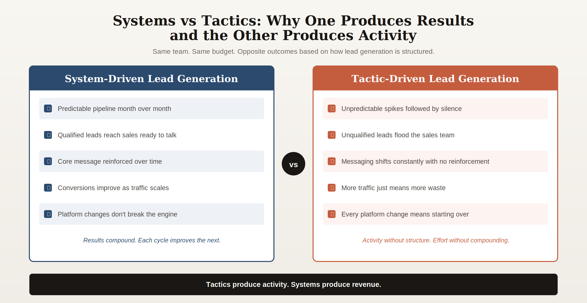 b2b-lead-generation-system-vs-tactics-comparison Comparison showing system-driven vs tactic-driven B2B lead generation outcomes