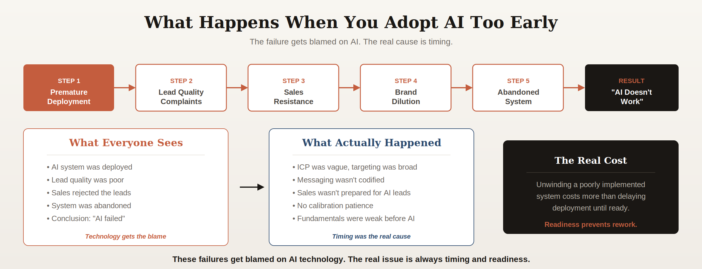 ai-lead-generation-premature-adoption-consequences Flowchart showing consequences of premature AI adoption from lead quality complaints through sales resistance to abandoned system with timing as the real cause